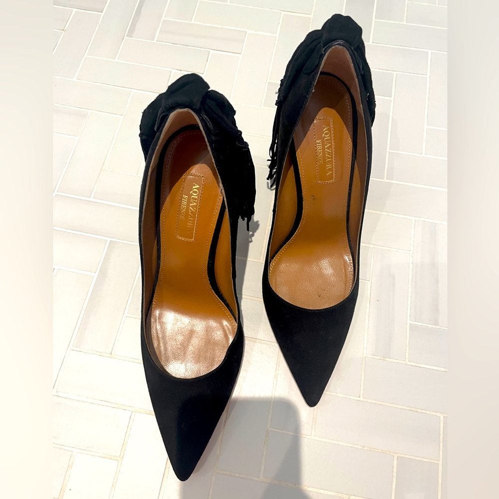Aquazurra “Long”Tassel Black suede Pumps Never left the house!